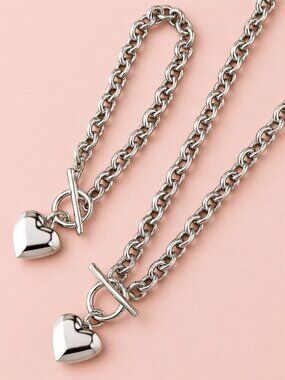 💕 2pc Heart Charm Necklace & Bracelet Set Silver Tone Chain Mother’s Day Gift
